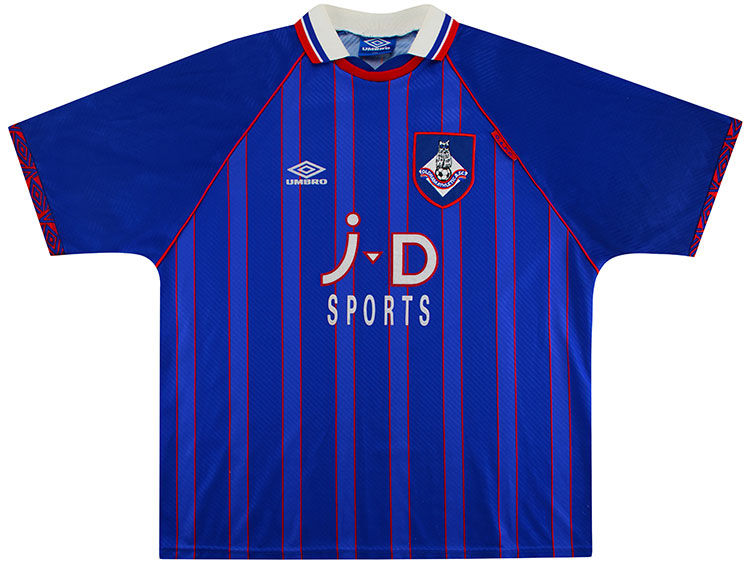 Oldham Athletic Home football shirt 1996 - 1998. Sponsored by JD Sports