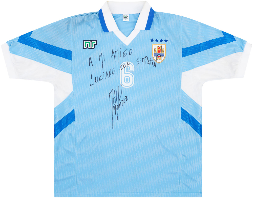 1995 Uruguay Match Issue Signed Home Shirt #6 (Méndez)-Uruguay Match Worn Shirts Certified Match Worn